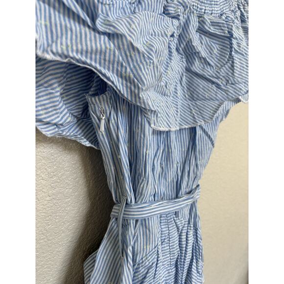 Topshop Blue & White Pinstripe Frill Bardot Ruffled Mini Dress size 4 boho date - Picture 9 of 9